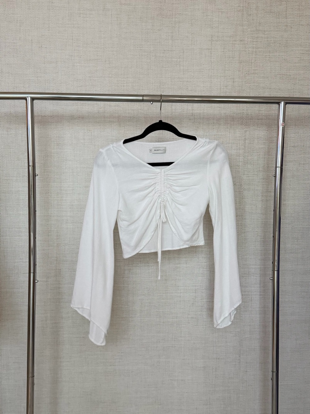 & Other Stories White Ruched Drawstring Long Sleeve Crop Top